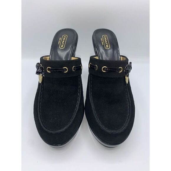 Coach Jodey Signature Black Suede Leather Heeled Platform Clogs - Picture 4 of 11